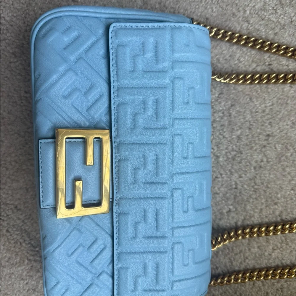 Fendi Light Blue Lambskin Zucca Baguette Gold Chain with Gold Hardware Full Set - Picture 5 of 16